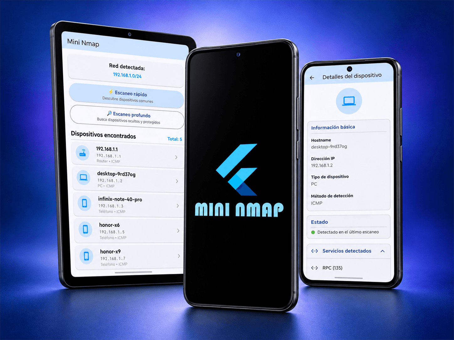 Aplicación móvil Mini Nmap en teléfonos y tablet